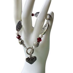 Charm Bracelet Teacher Inspire Words Heart Faux Pearls Red Beads‎ Toggle Clasp